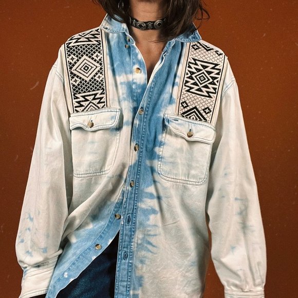 Lizard Queenz Other - SOLD Aztec Southwest Embroidered Detail Bleach Dyed Denim Button Down Shirt